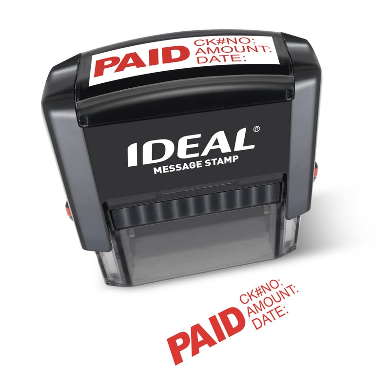 Ideal Self Inking Stamp â€“ English Text Paid with Fill-in Fields Check No, Amount, Date â€“ Red Ink, Impression Size 11/16â€ x 1-7/8â€ - Image 1